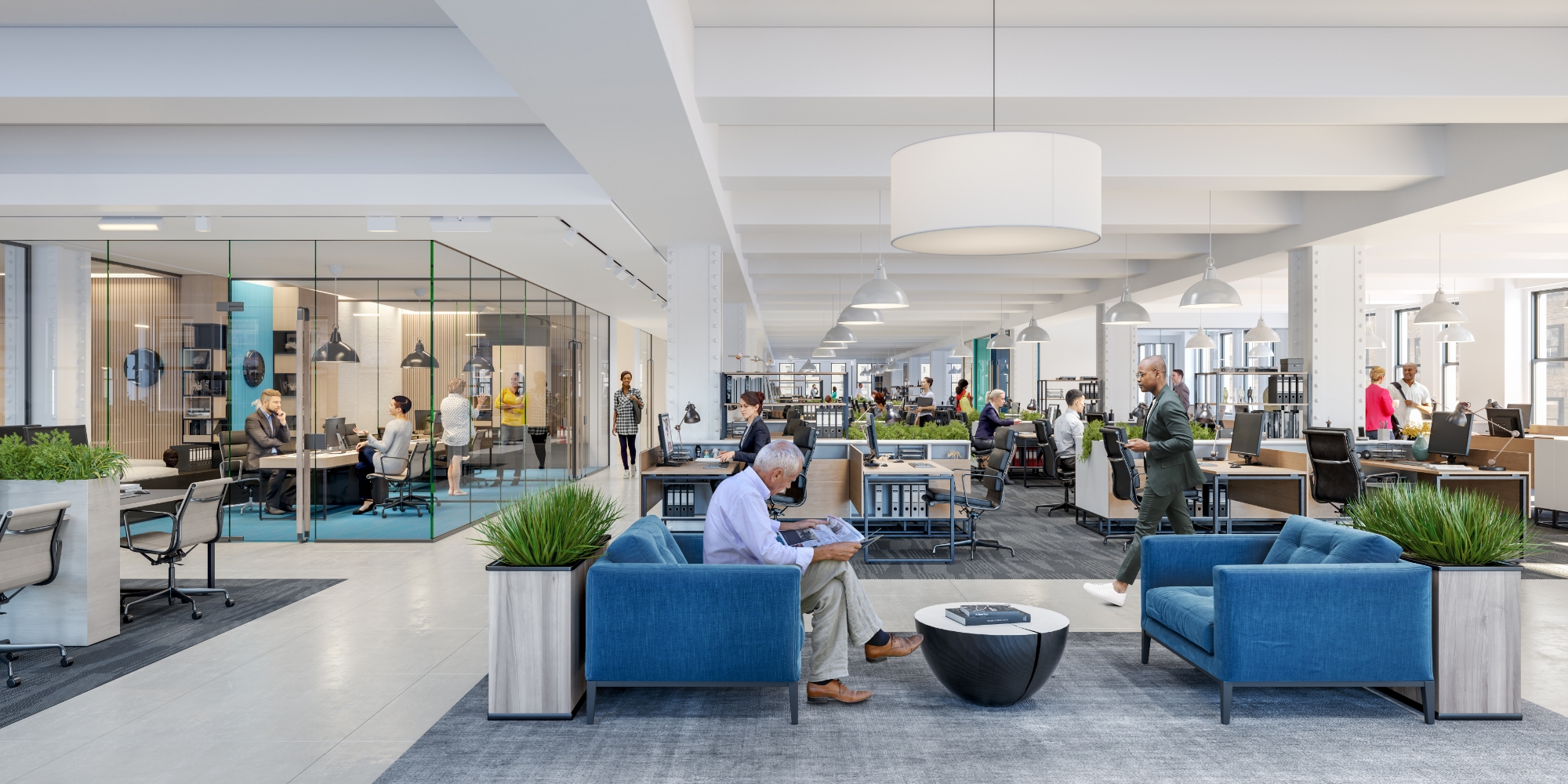 Busy open concept office space with seating area