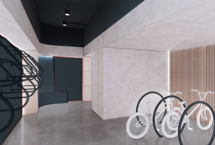 Bike storage room with stained concrete floor