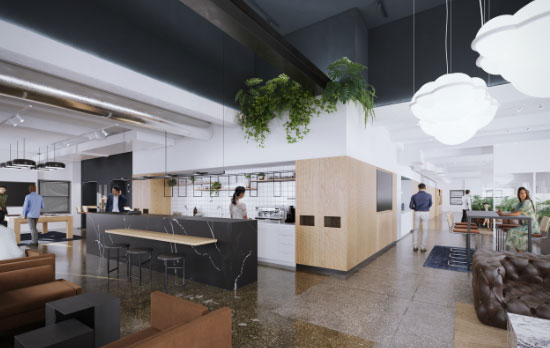 Open concept office kitchen area with seating