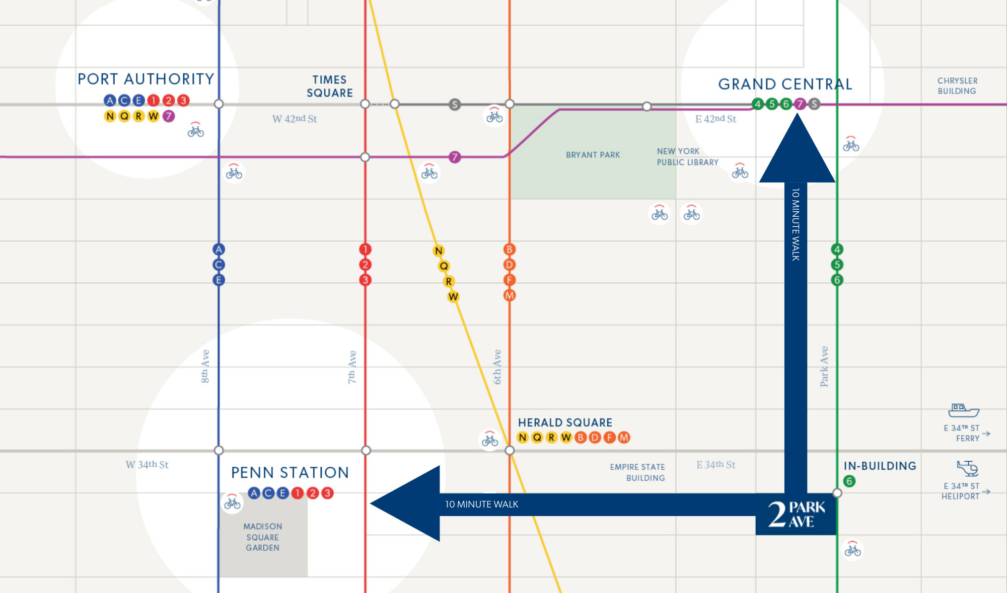 Map highlighting transportation options in central NYC